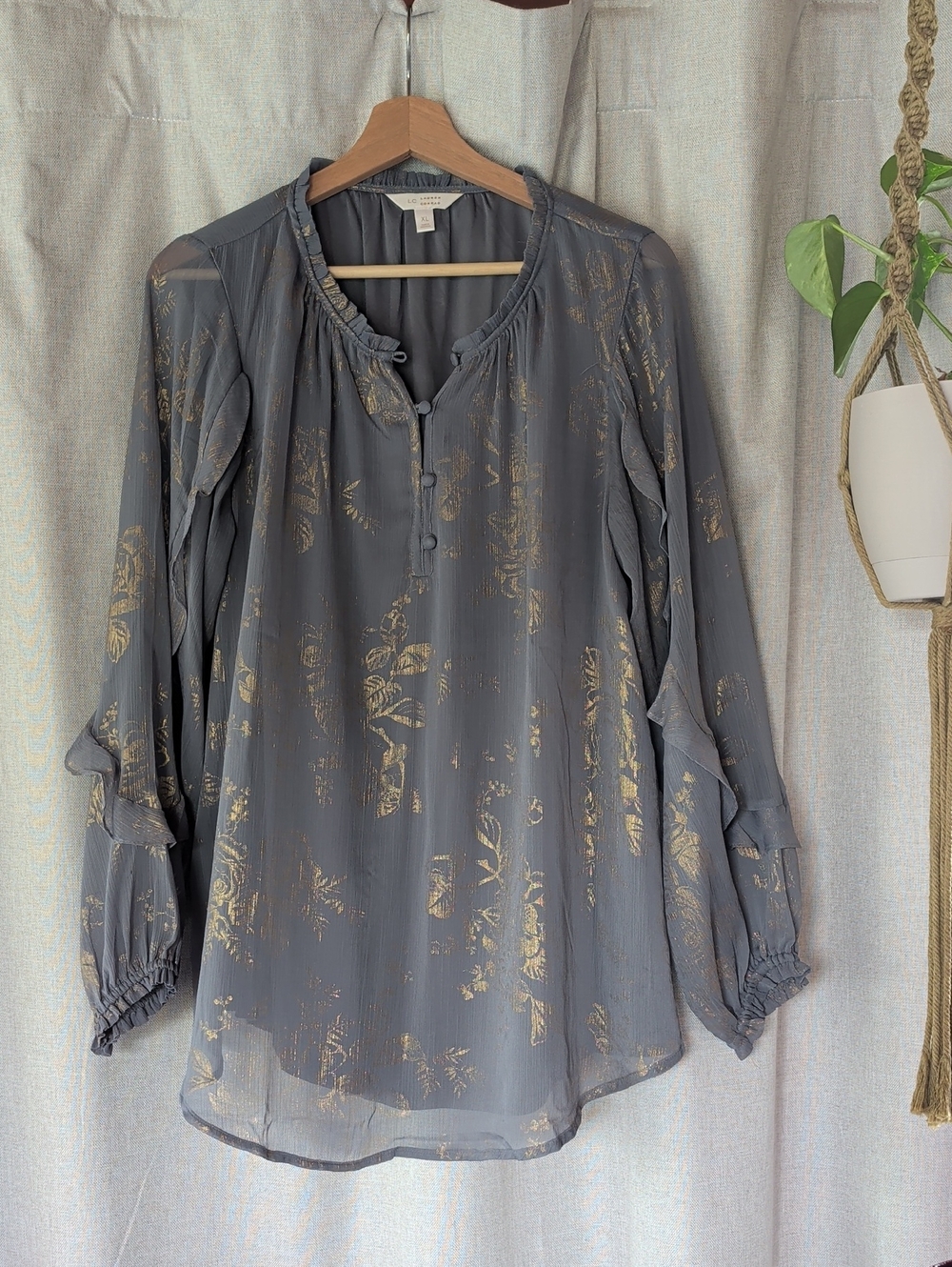 Lauren Conrad Gray Blouse with Gold Floral Foil